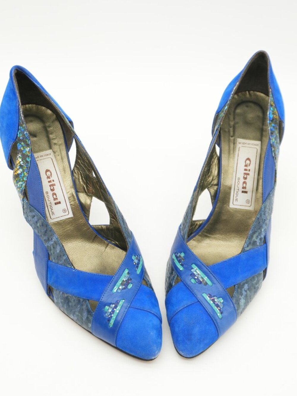 Heels Size 9 Blue Snakeskin Vintage Python Cut Out 80s Italy Pointed Toe Pumps - Picture 4 of 16